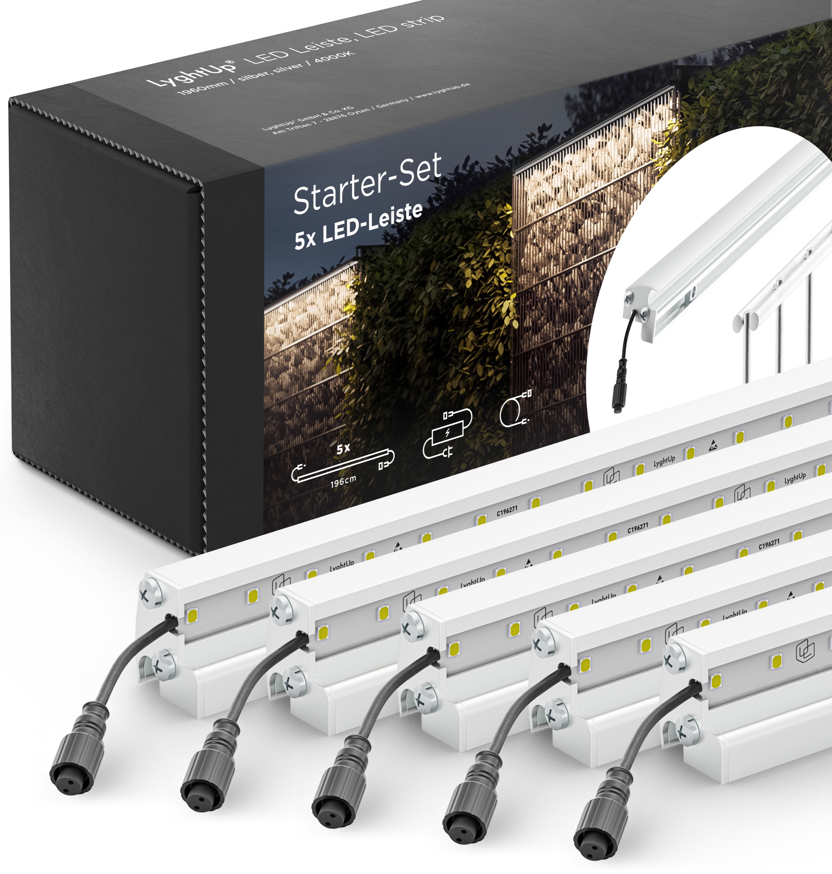 LED Prestige Leuchtleisten Starter-Set 5x 196 cm — silber für Stabmatte/Gabione