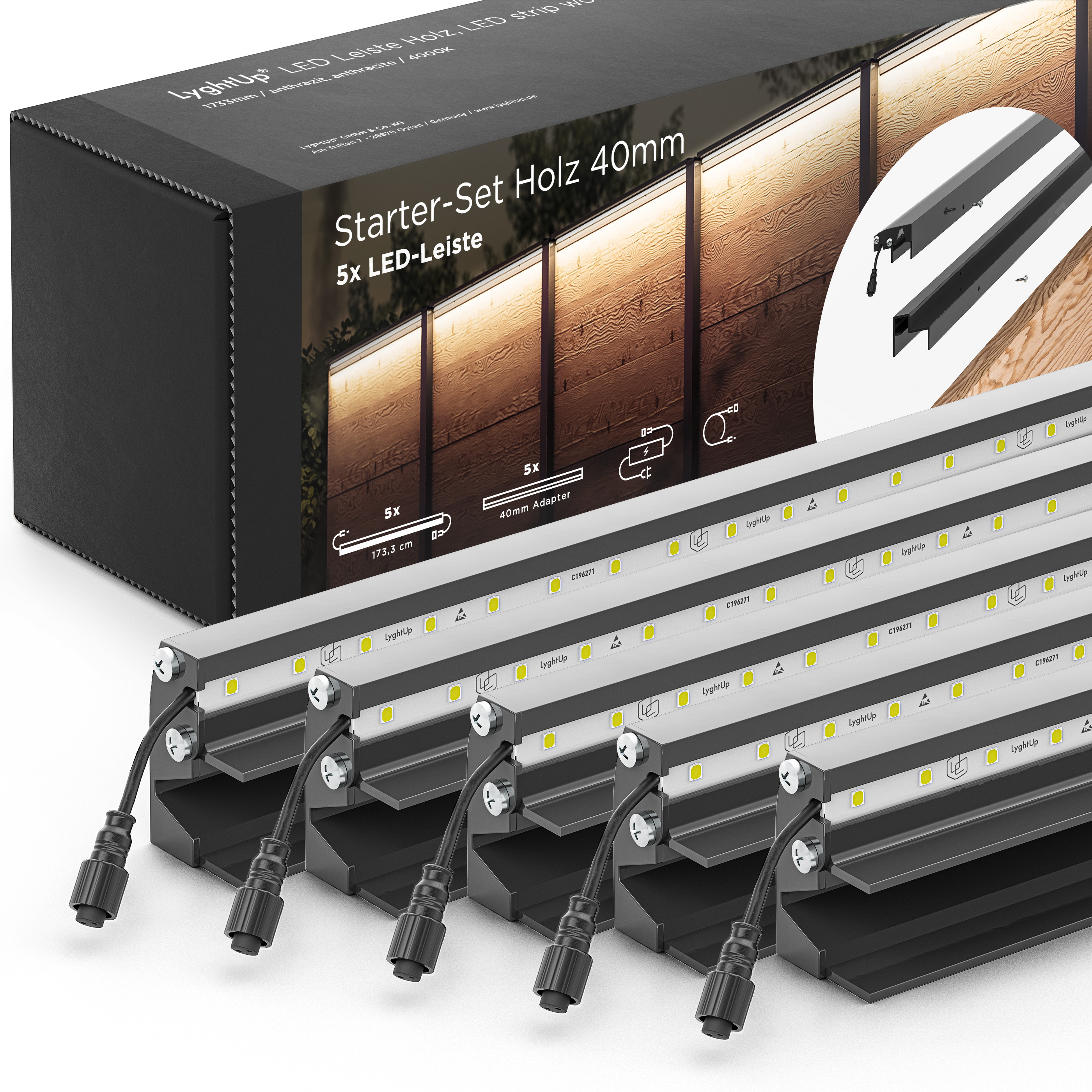 LED Prestige Leuchtleisten Starter-Set 5x 173,3 cm — anthrazit für Holzzaun