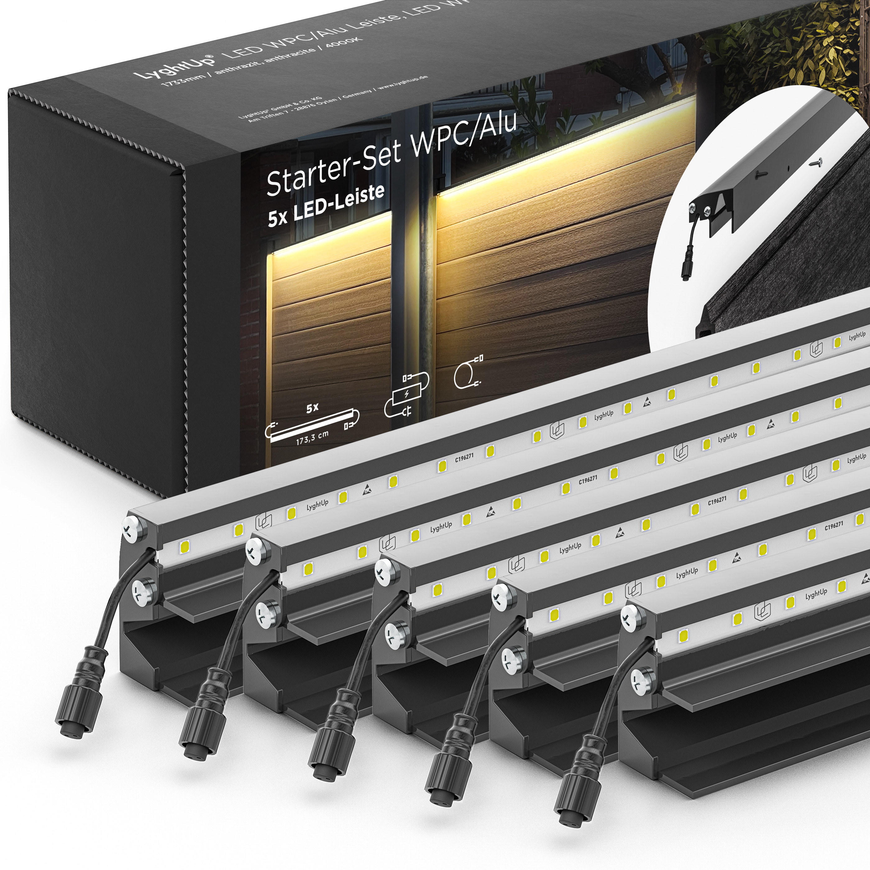 LED Prestige Leuchtleisten Starter-Set 5x 173,3 cm — anthrazit für WPC/Alu