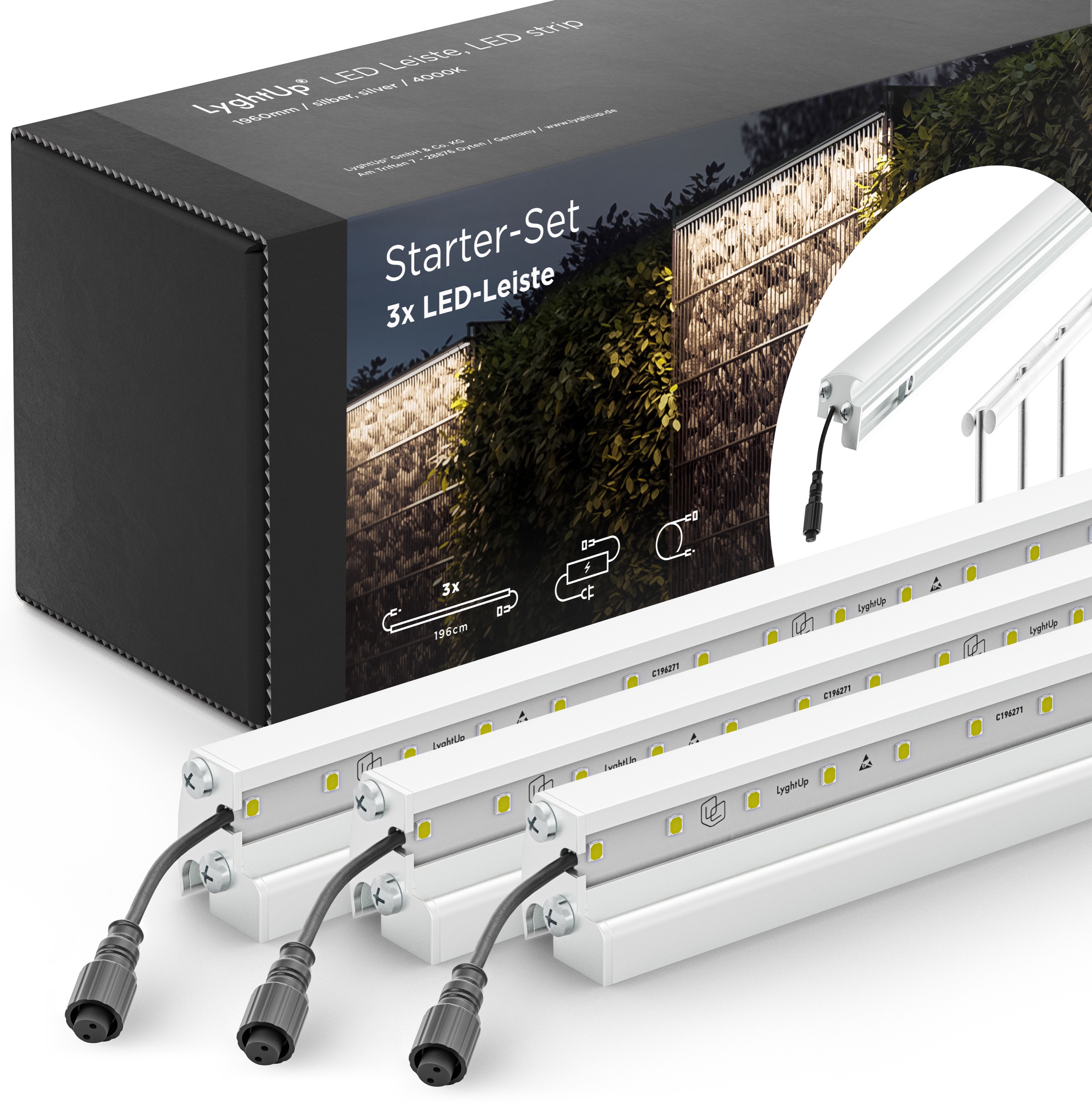 LED Prestige Leuchtleisten Starter-Set 3x 196 cm — silber für Stabmatte/Gabione