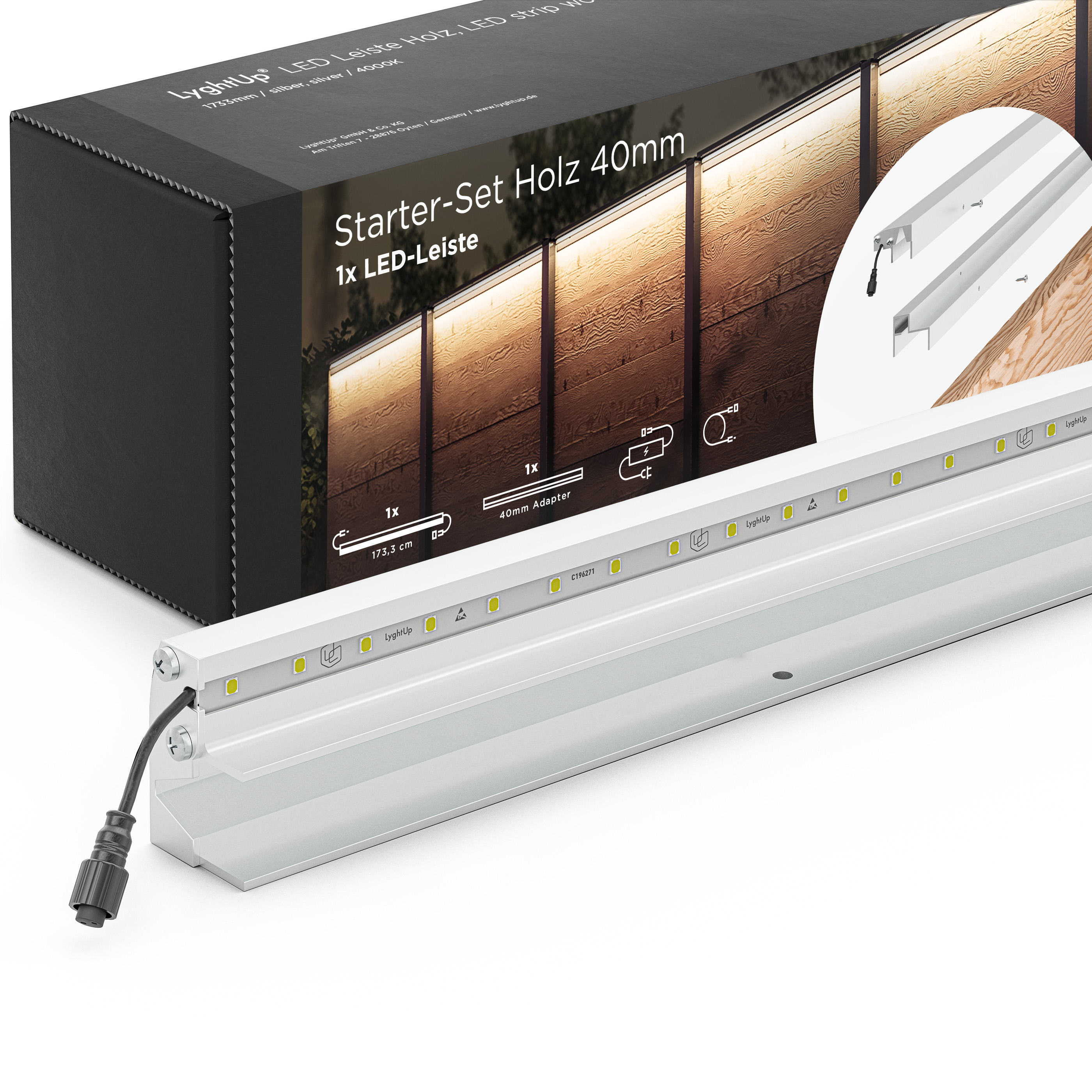LED Prestige Leuchtleisten Starter-Set 1x 173,3 cm — silber für Holzzaun