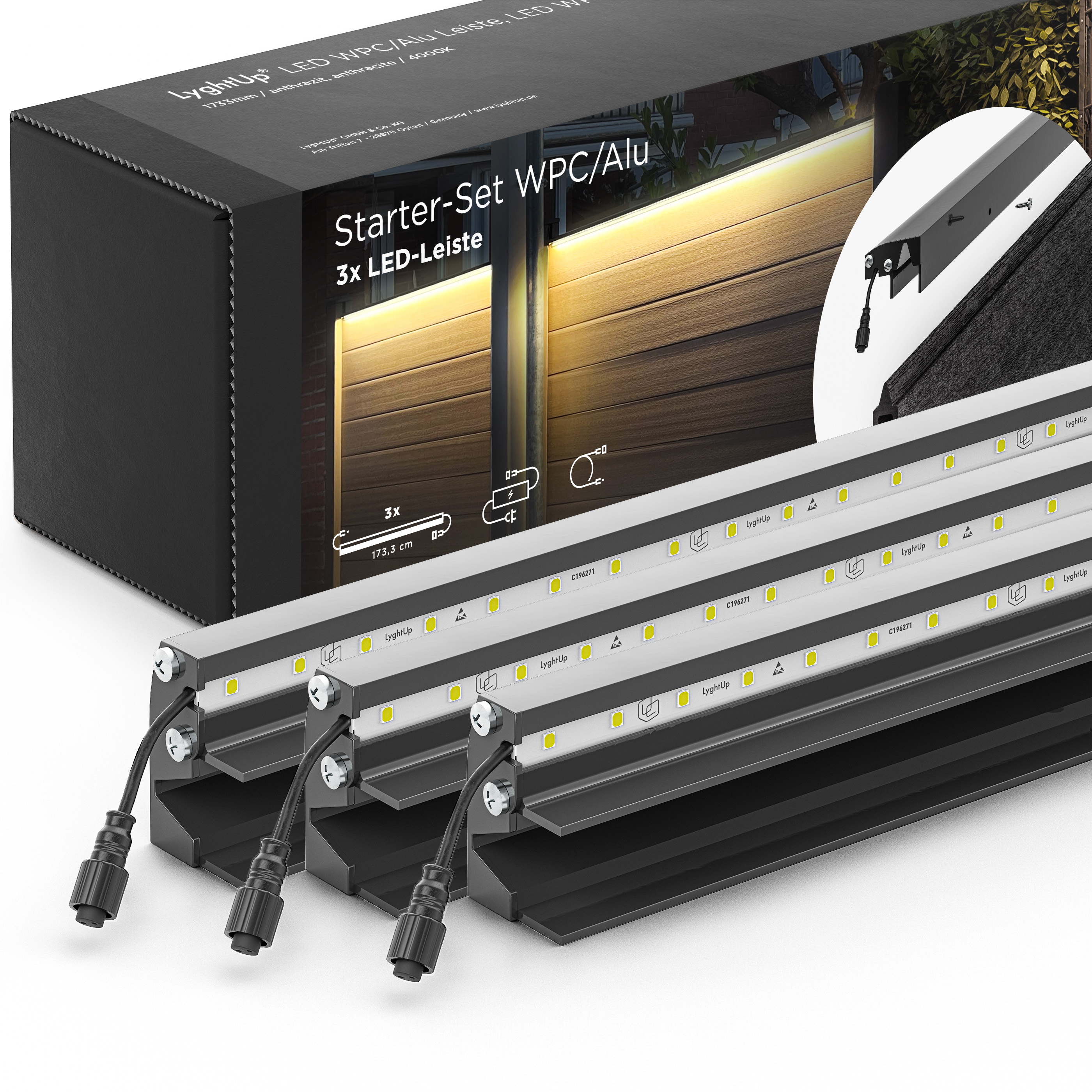 LED Prestige Leuchtleisten Starter-Set 3x 173,3 cm — anthrazit für WPC/Alu