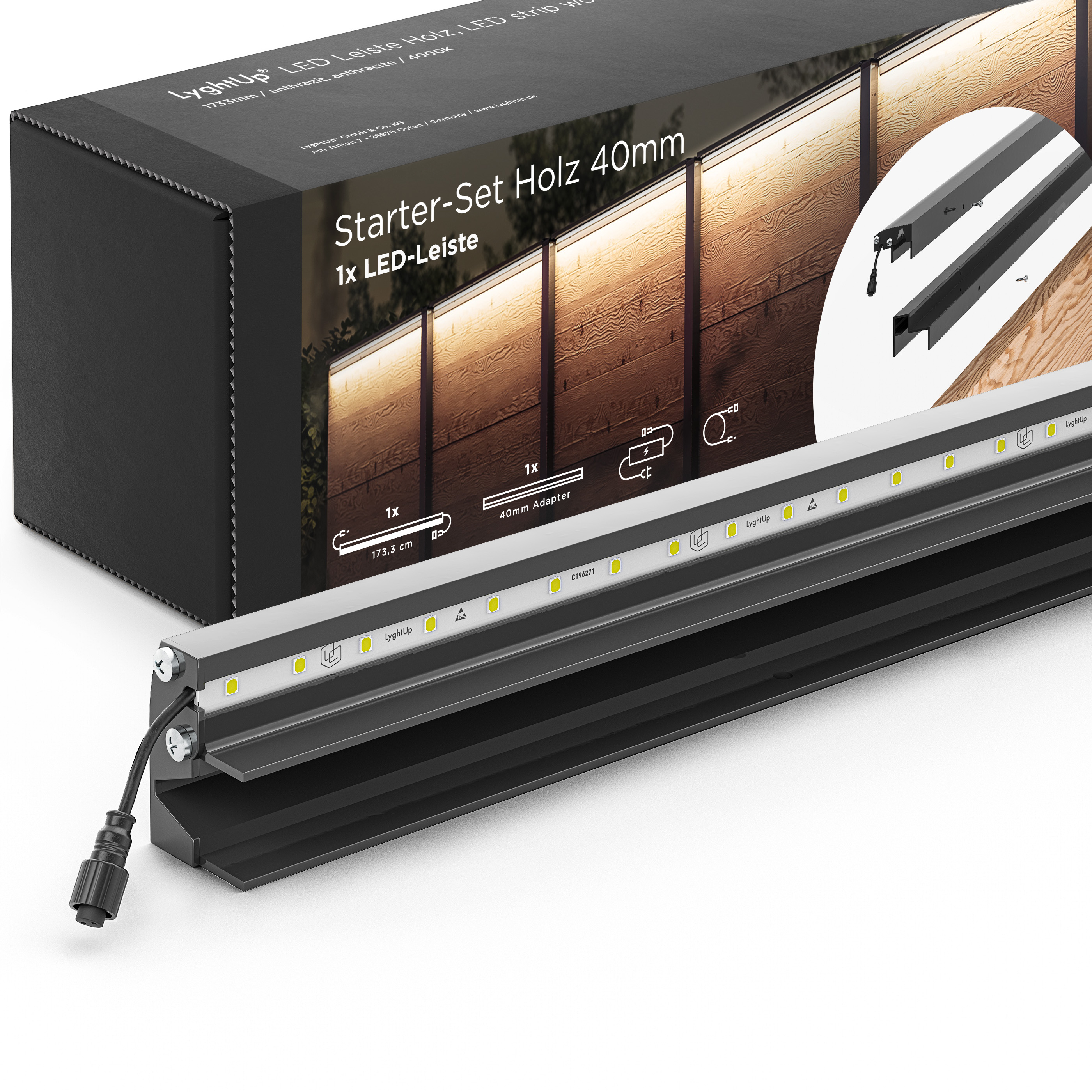 LED Prestige Leuchtleisten Starter-Set 1x 173,3 cm — anthrazit für Holzzaun