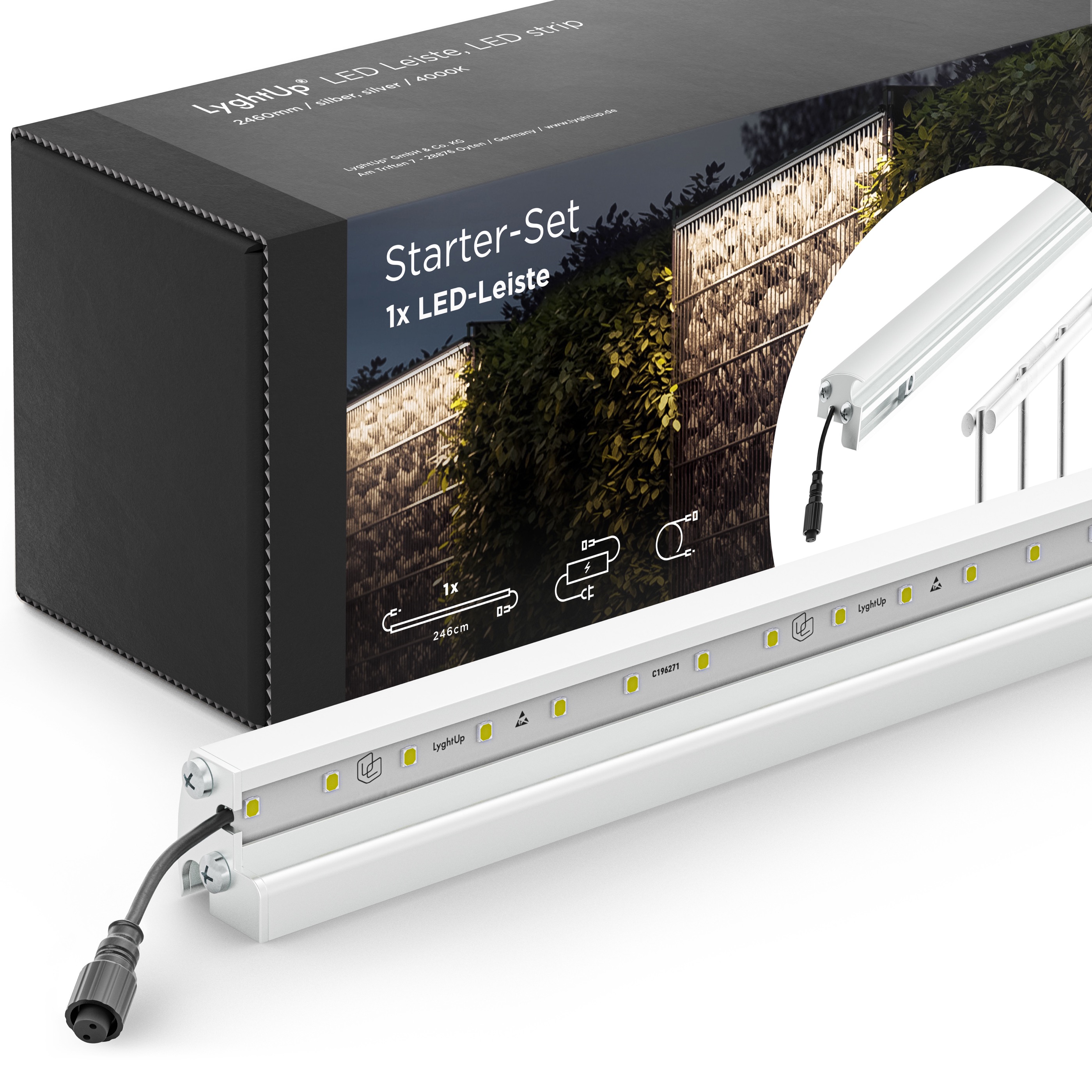 LED Prestige Leuchtleisten Starter-Set 1x 246 cm — silber für Stabmatte/Gabione