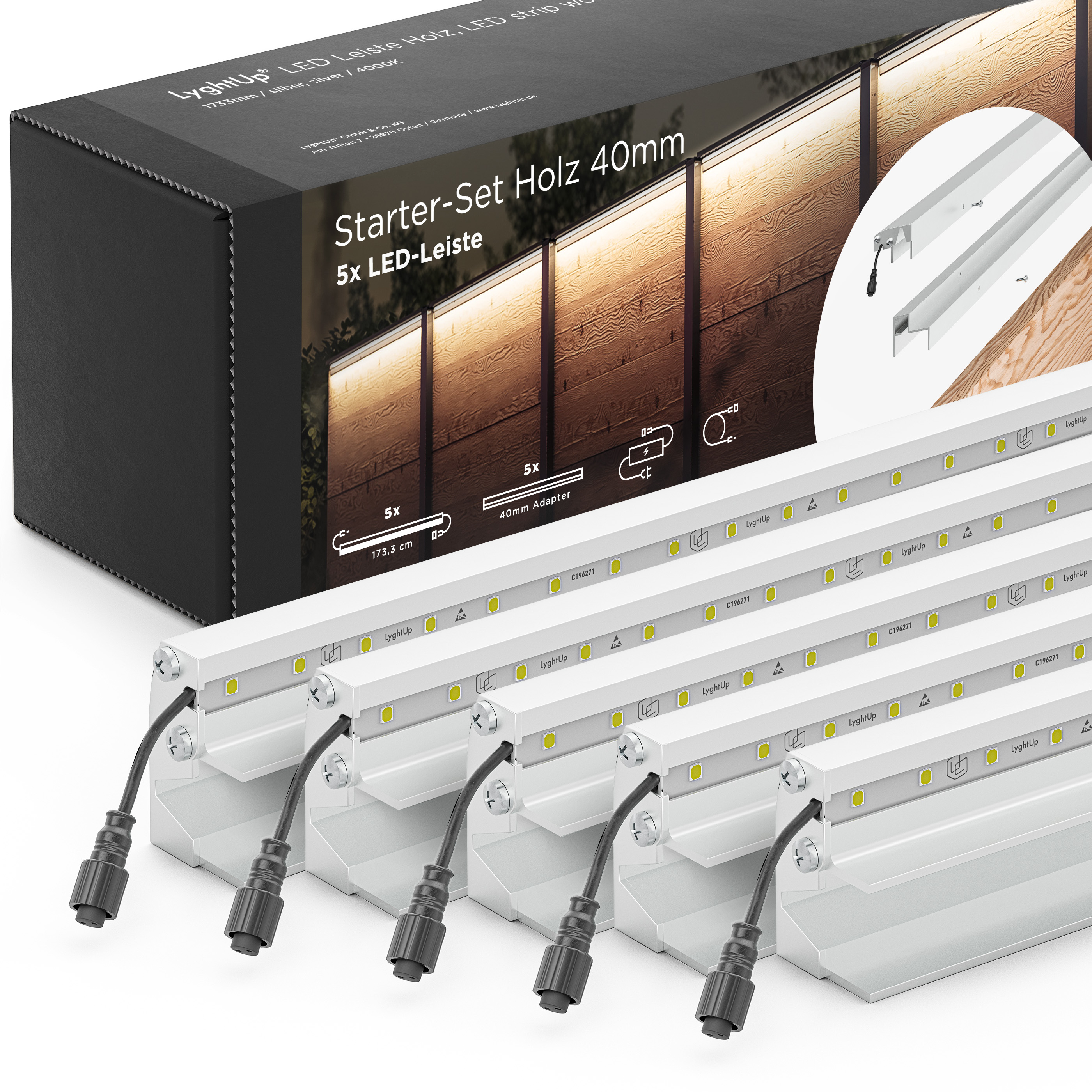 LED Prestige Leuchtleisten Starter-Set 5x 173,3 cm — silber für Holzzaun