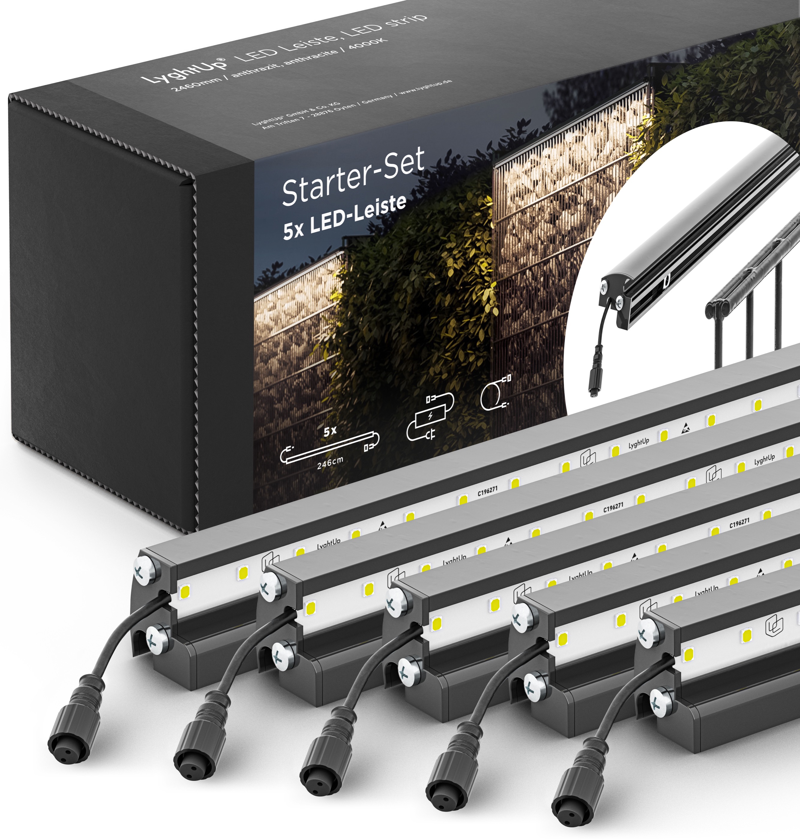 LED Prestige Leuchtleisten Starter-Set 5x 246 cm — anthrazit für Stabmatte/Gabione