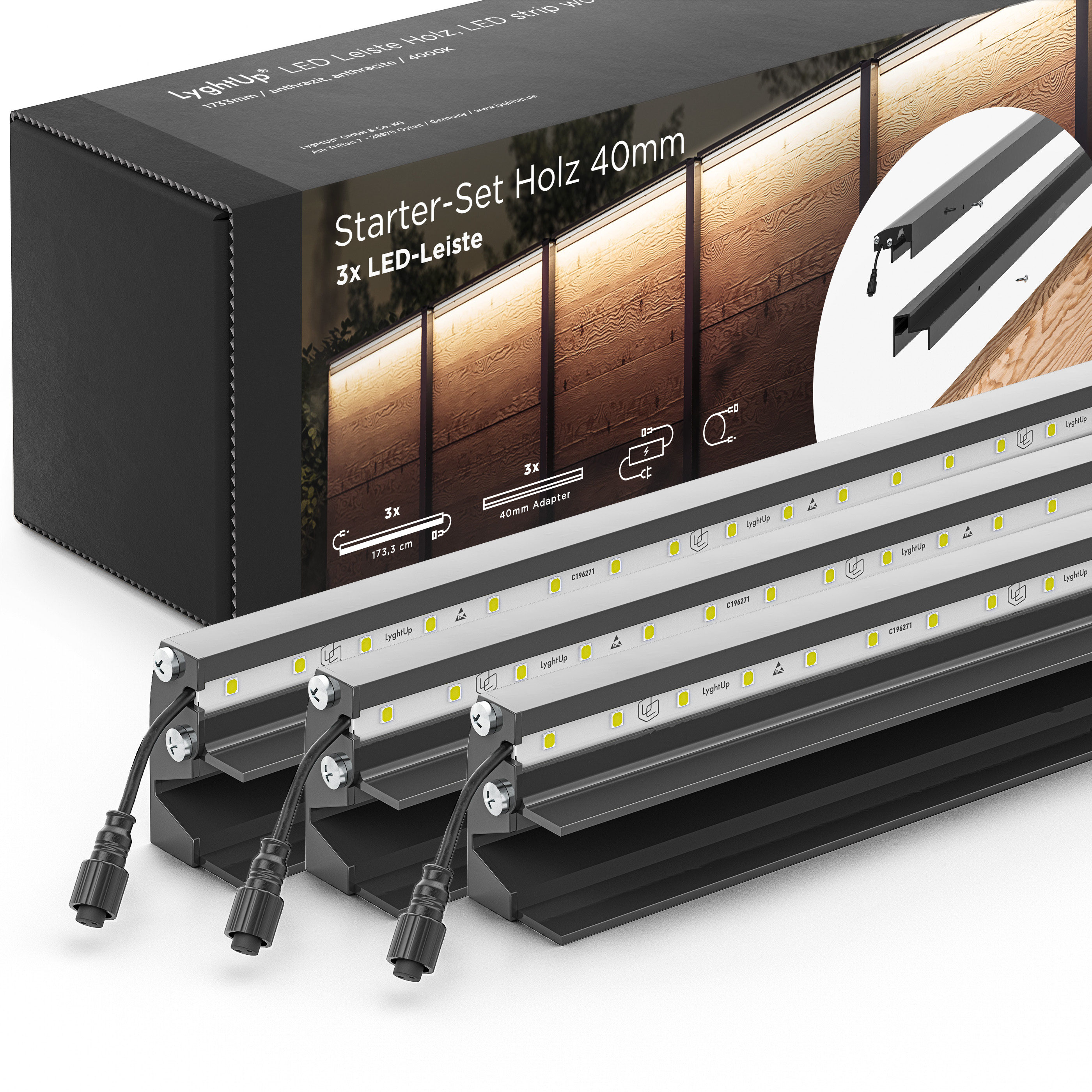 LED Prestige Leuchtleisten Starter-Set 3x 173,3 cm — anthrazit für Holzzaun