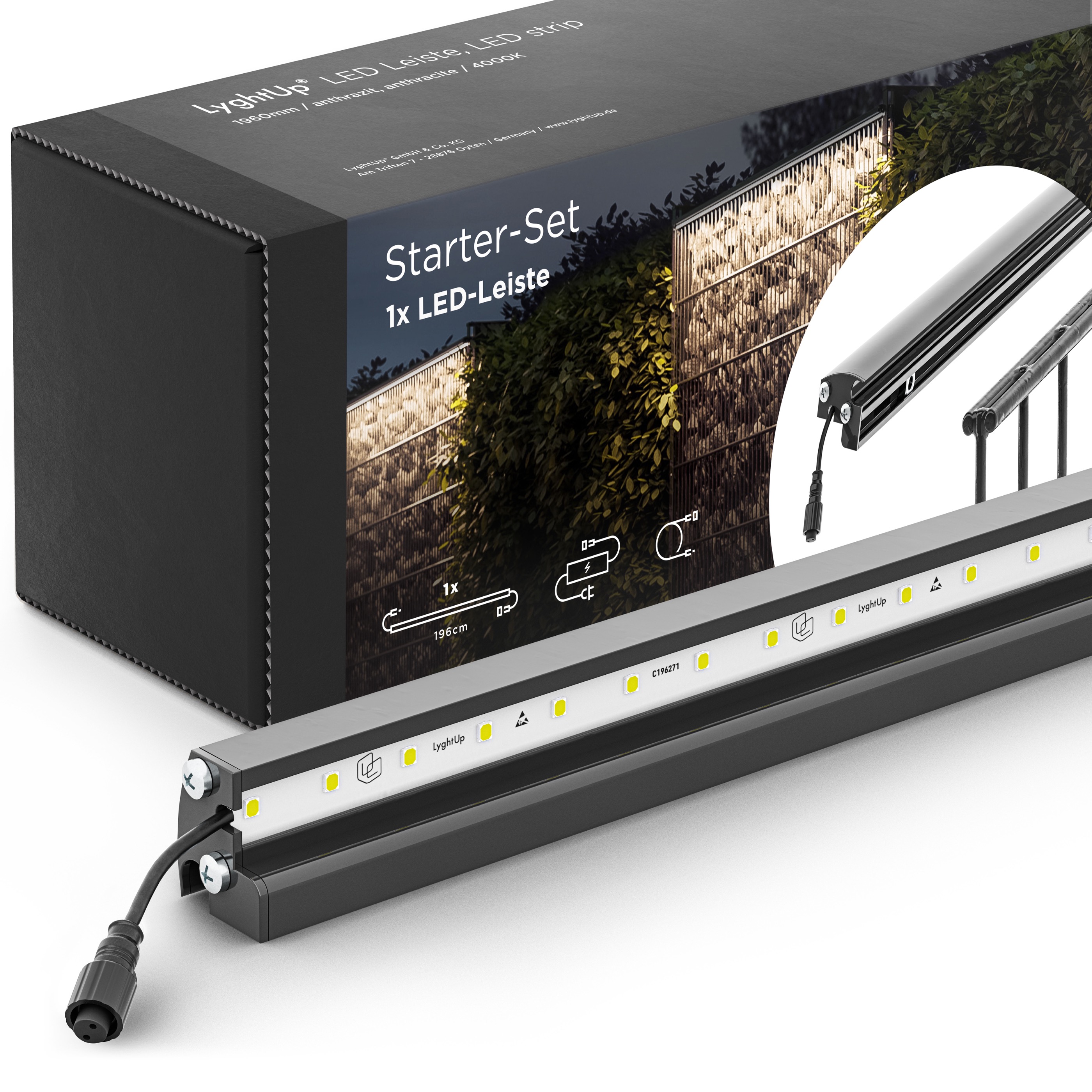 LED Prestige Leuchtleisten Starter-Set 1x 196 cm — anthrazit für Stabmatte/Gabione