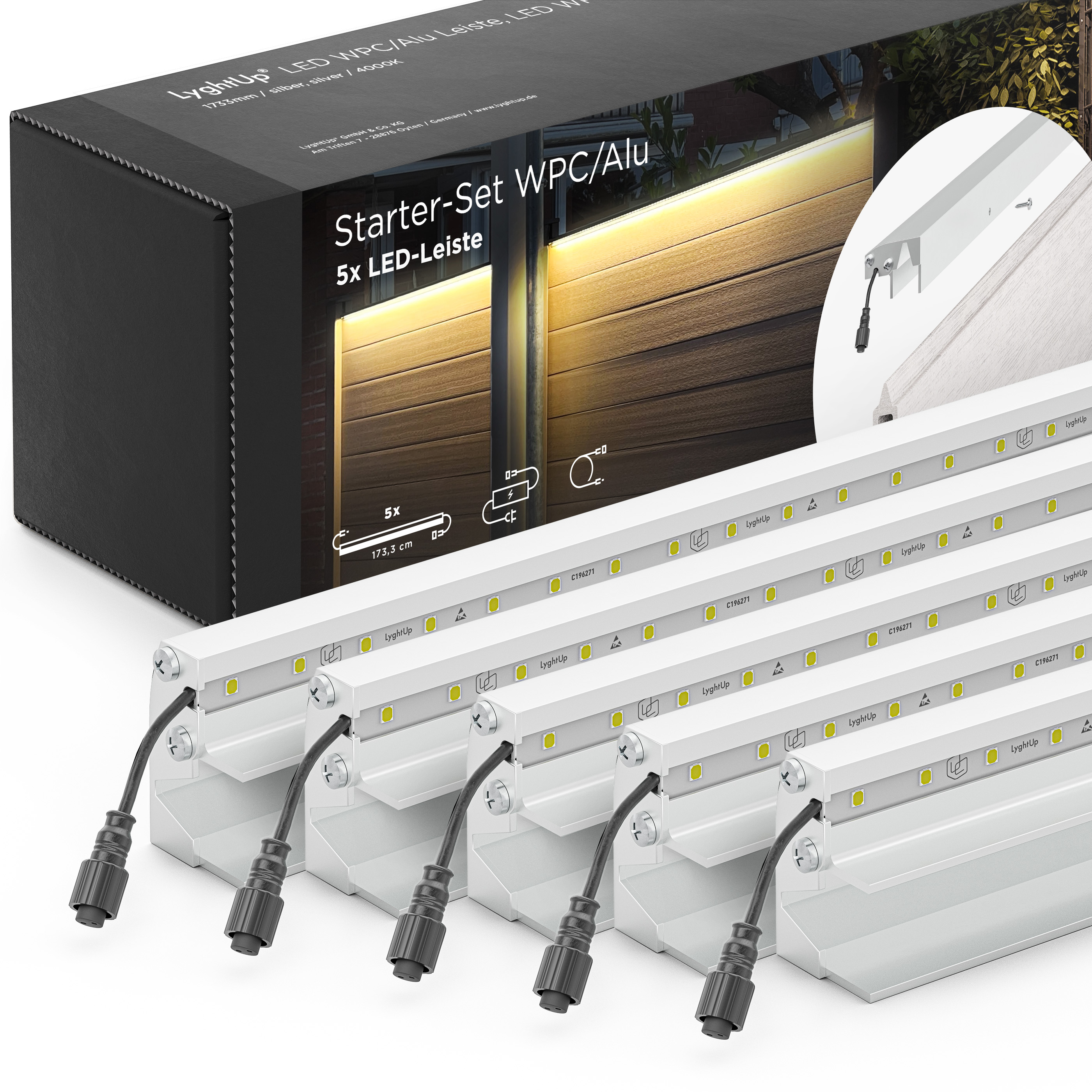 LED Prestige Leuchtleisten Starter-Set 5x 173,3 cm — silber für WPC/Alu