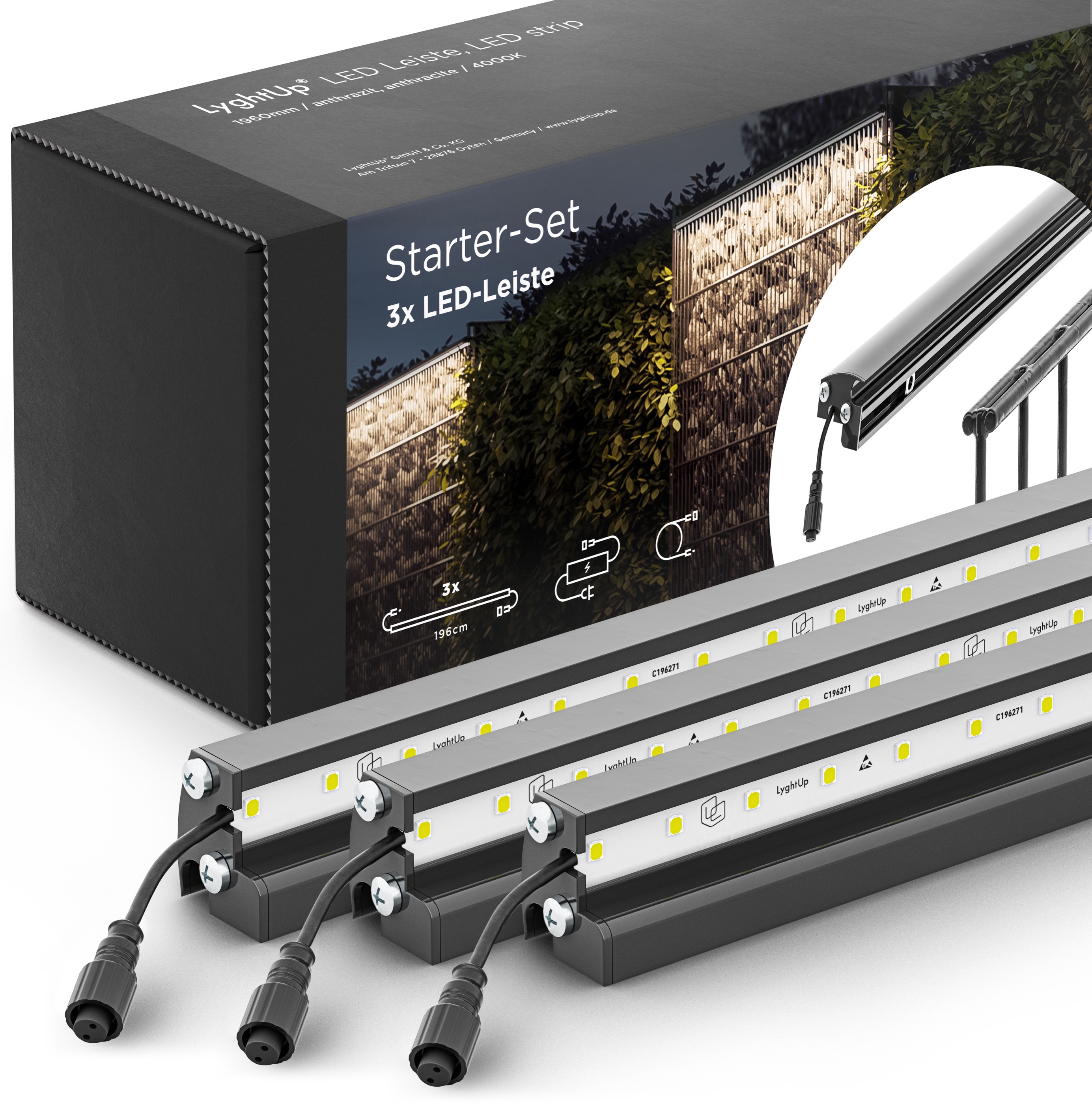 LED Prestige Leuchtleisten Starter-Set 3x 196 cm — anthrazit für Stabmatte/Gabione