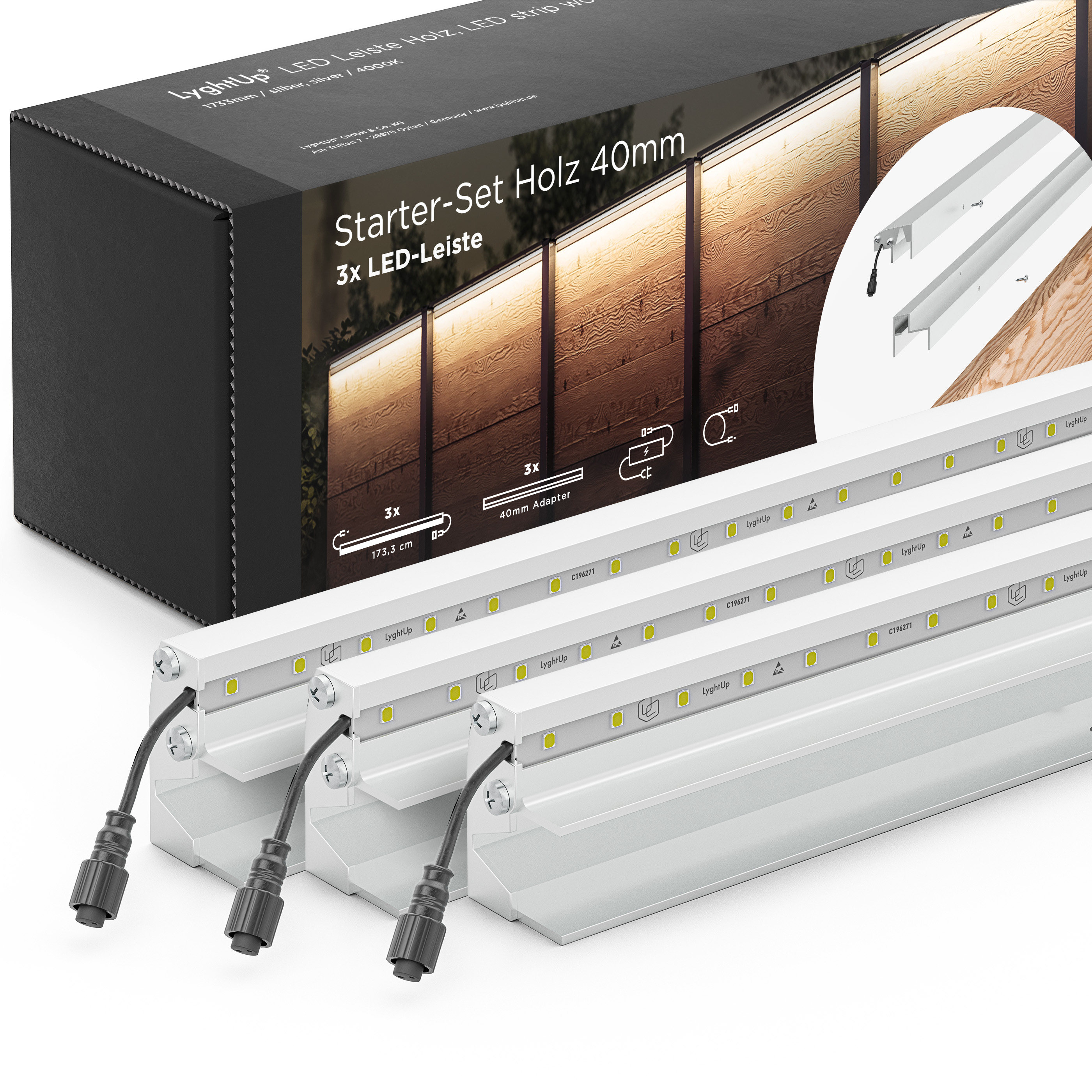 LED Prestige Leuchtleisten Starter-Set 3x 173,3 cm — silber für Holzzaun