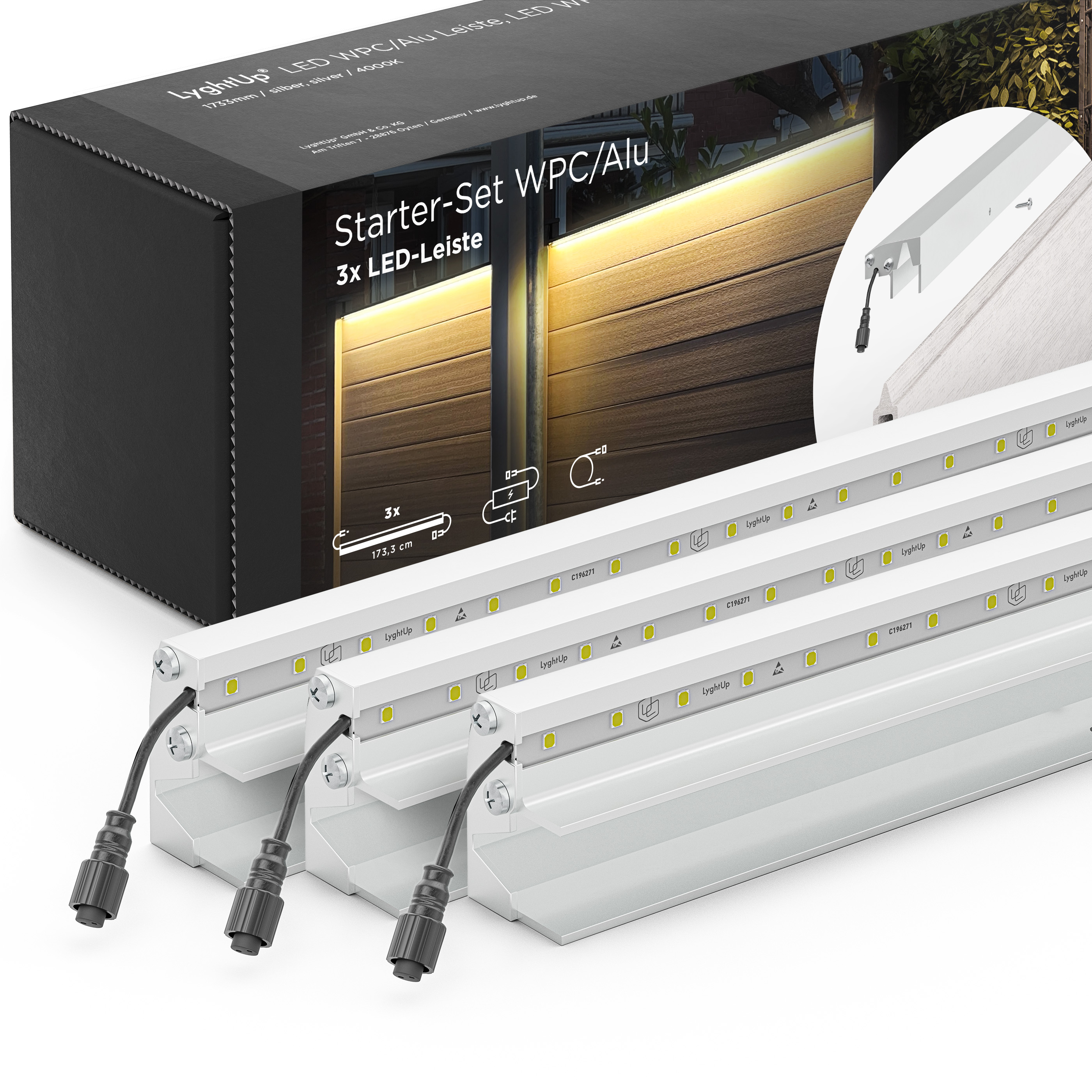 LED Prestige Leuchtleisten Starter-Set 3x 173,3 cm — silber für WPC/Alu